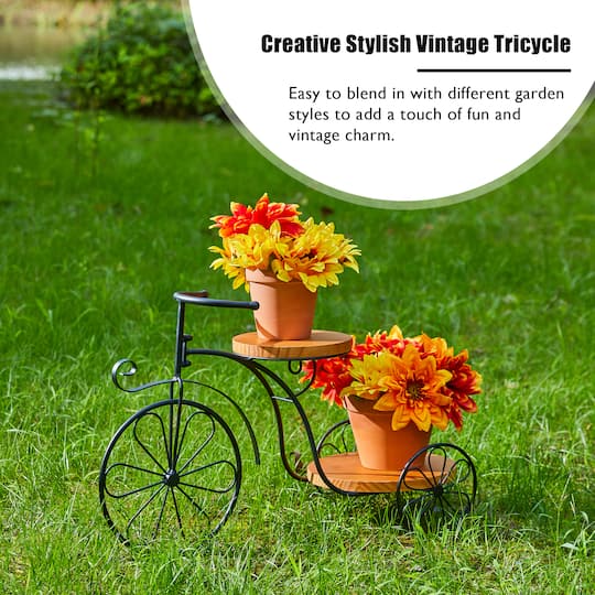Glitzhome® 24" Black Metal Tricycle Planter Stand with Solid Wood Tray